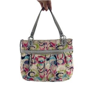 SOLD Coach Poppy C Glam Dream Y2K Canvas Silver Leather Tote Purse Bag 19876